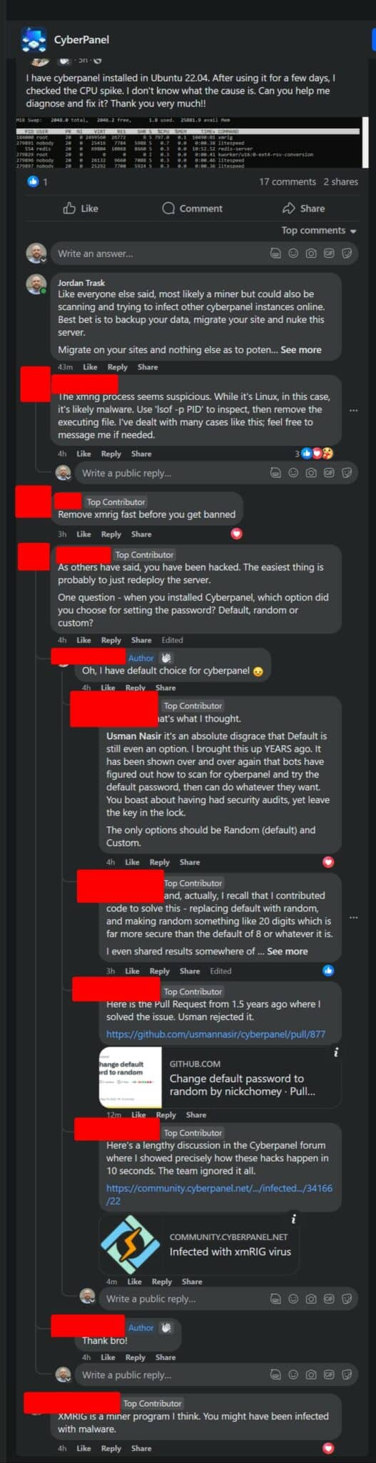 cyberpanel infected server xmrig facebook 1